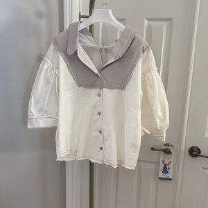 New POL White Cotton and Taupe Denim Blouse Top Sz Small